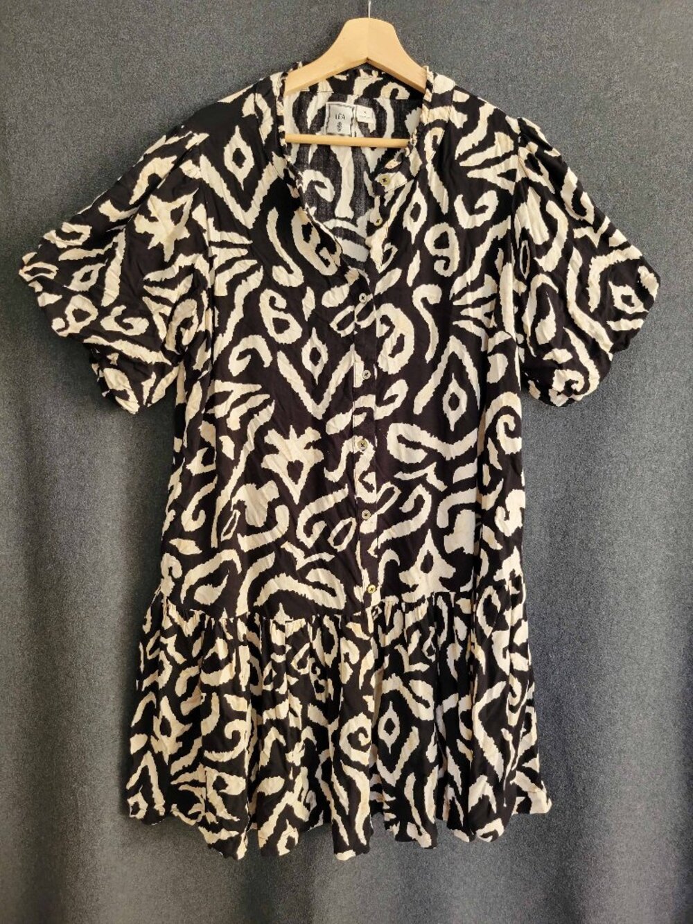 Lea Slouchy Black Cream Intricate Print Puffy Sleeves Tunic Minidress Women’s 1X